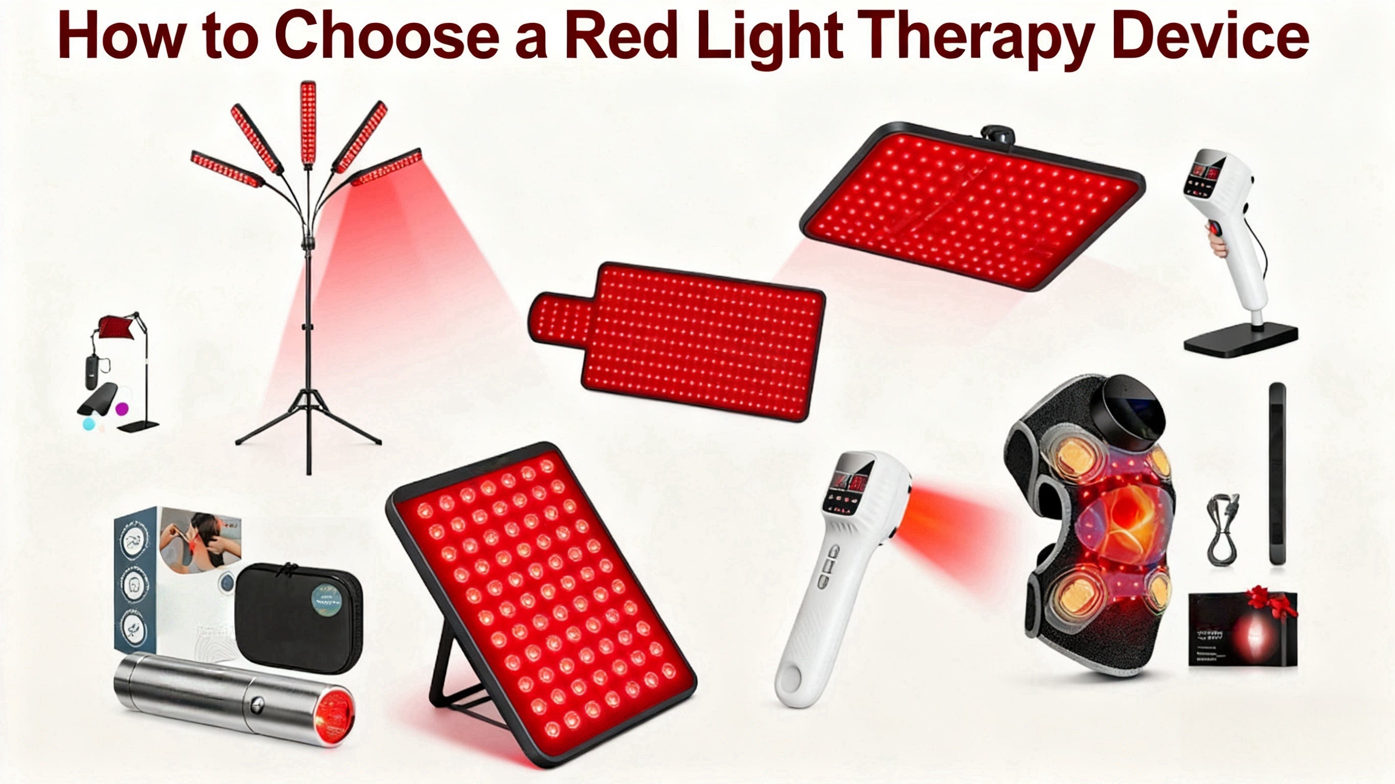 An image illustrating how to choose a red light therapy device, showing a collage of the many different types available, including panels, wands, and wearable wraps.