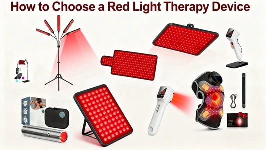 An image illustrating how to choose a red light therapy device, showing a collage of the many different types available, including panels, wands, and wearable wraps.