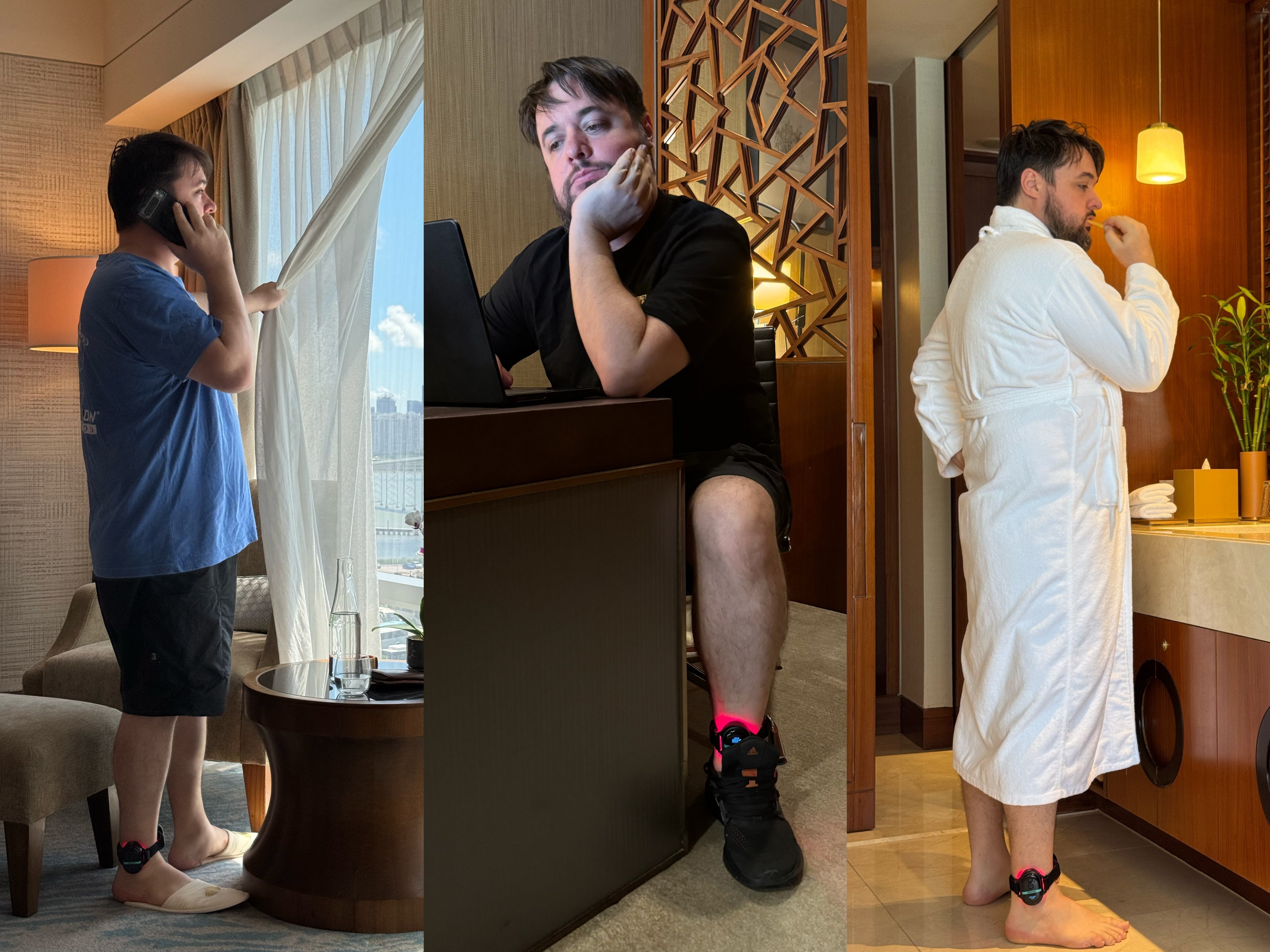 Using PRUNGO FluxGo for Achilles pain in a hotel room.